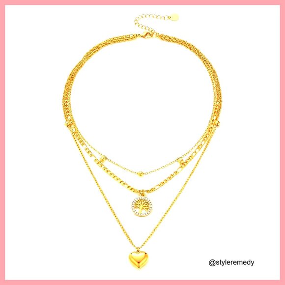 18K Gold Plated Multi Layer Heart Tree of Life Pendant Necklace Adjustable